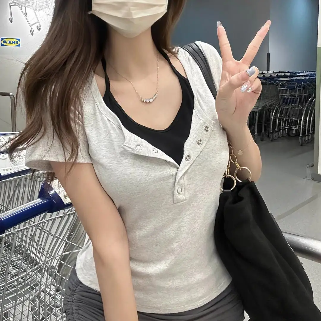 

Pure Cotton Solid Short Sleeves T-shirt for Women Summer High Street Sexy Slim Fit Tops Two Piece Set Fashion Women Clothing