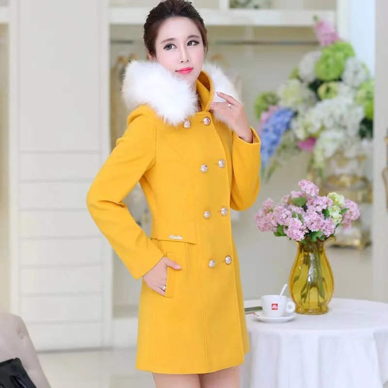 2024 New Woolen Korean Winter Jacket Women Wool Coat Hooded Fur Collar Long Coat Female Fashion Double-Breasted Womens Jackets