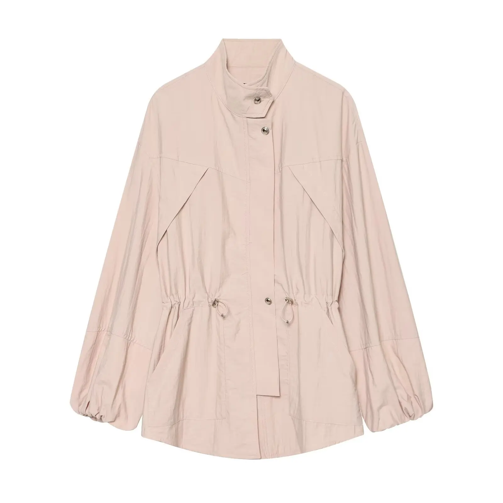 Pink Stand-Up Collar Zippered Jackets for Women Elegant Chic Elastic Waist Drawstring Jackets with Elastic Cuffs