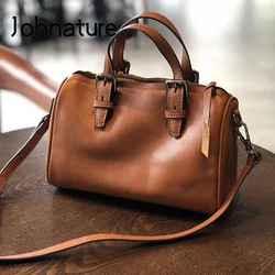 Johnature Vintage Handmade Women Bag 2024 New First Layer Cow Leather Handbag Shoulder Bags Leisure Solid Color Messenger Bag