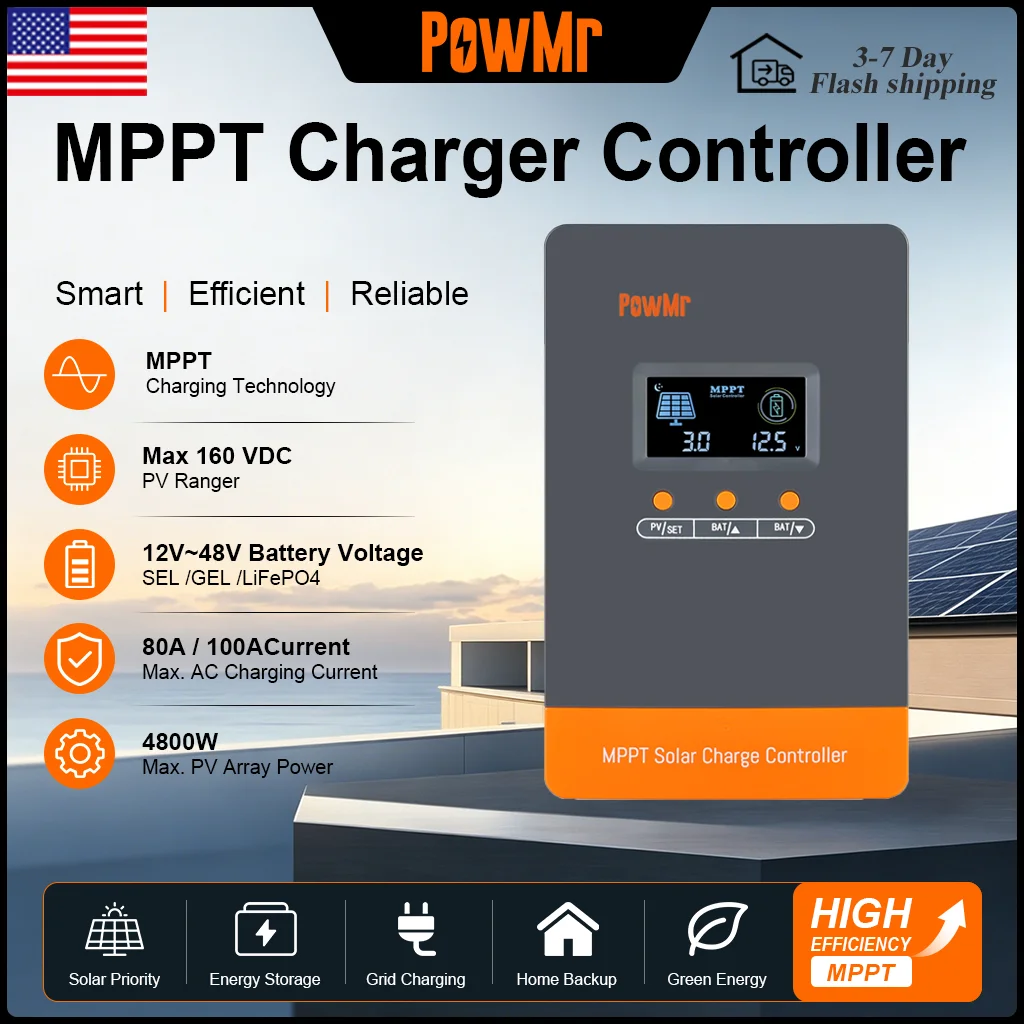 PowMr MPPT 100A 80A Charger Controller 12V 24V 36V 48V Battery Voltage Auto Up to 12 Units in Parallel for Max 160V 4800W Solar Panel US Store Drop Shipper