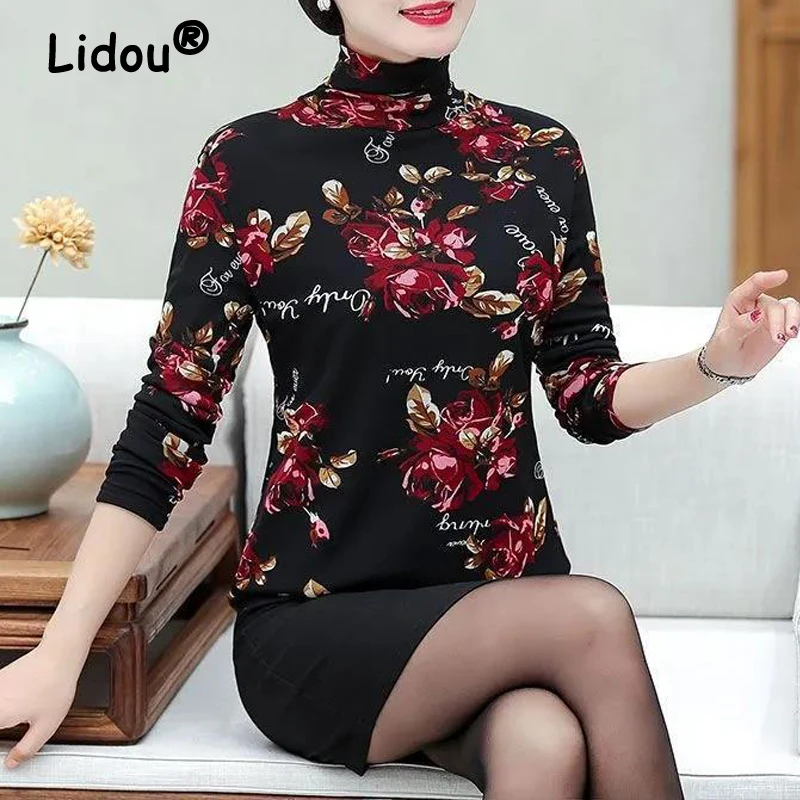 2023 Autumn Winter Middle-aged and Elderly Women Floral Print Thick Warm T Shirt Fashion High Collar Long Sleeve Slim Basic Tops