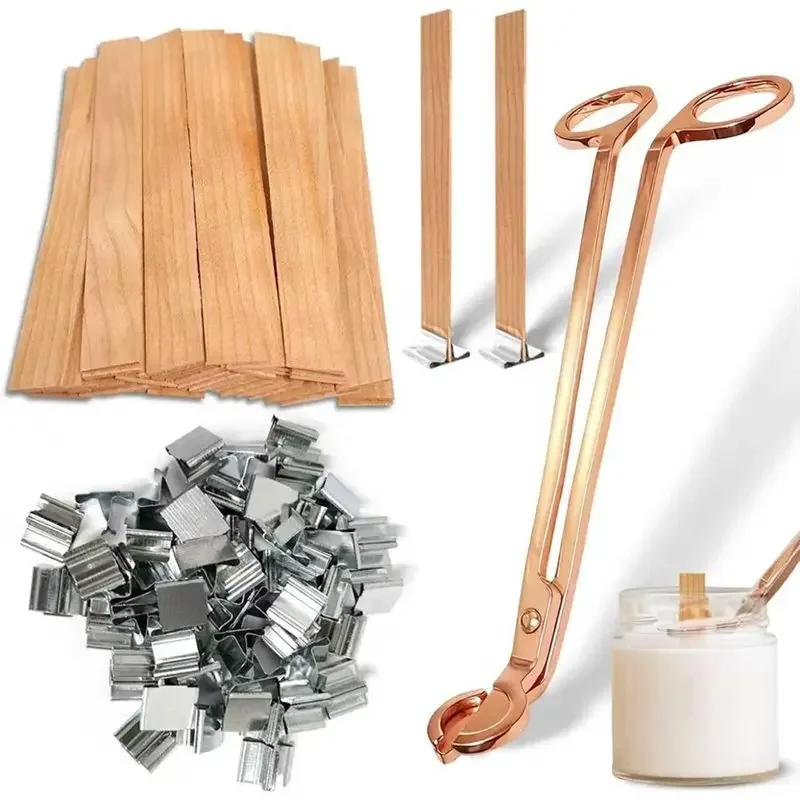 100Pcs Premium Wooden Candle Wicks with Rose Gold Trimmer - DIY Candle Making Supplies