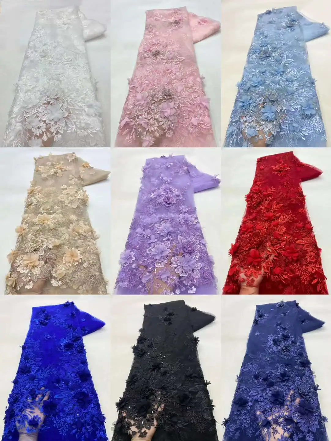 Tessuto di pizzo 3D africano bianco 5 yarde 2024 di alta qualità con tessuto di pizzo di paillettes nigeriano francese ricamato a fiori per il