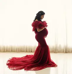 Red Mermaid Maternity Dresses Women Off The Shoulder Ruched Sleeveless  Pregnancy Babyshower Gowns Dressing Sweep Train