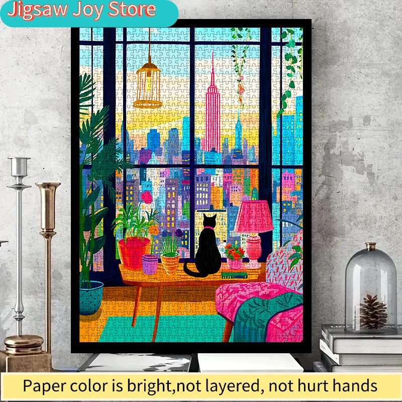 DIYペーパーパズル、ニューヨーク市の夜景、猫、鉢植え、高品質の白いカード素材、親子向け