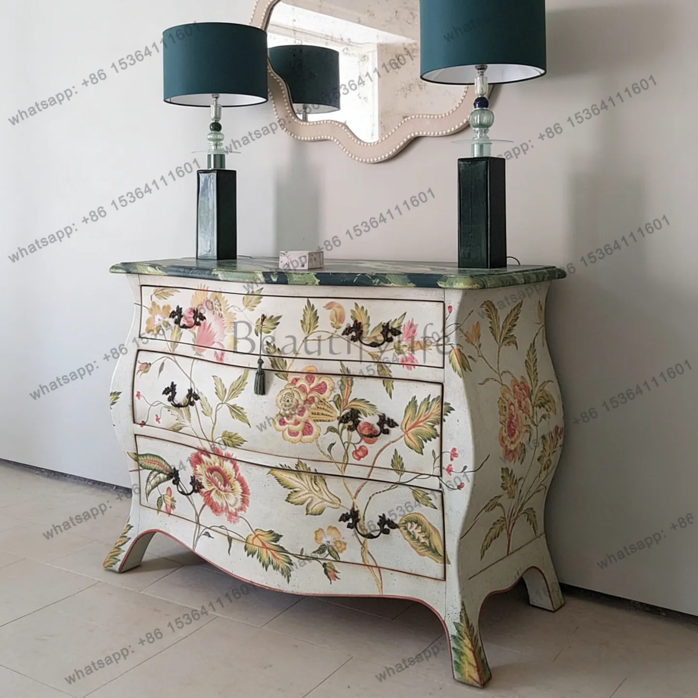 

American retro hand-painted flower pattern drawer storage hallway cabinet living room storage cabinet
