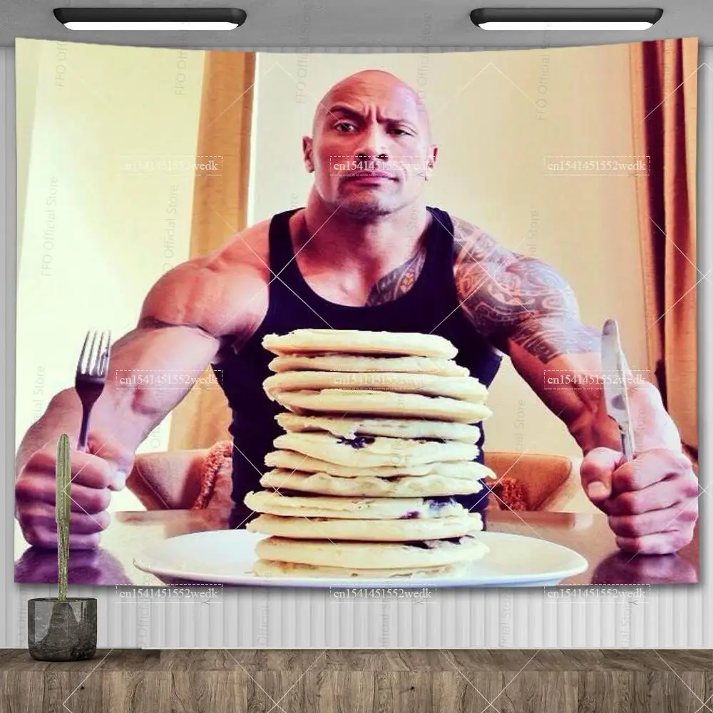 Cheat Day The Rock Eating Pancakes Wall Hanging Tapestry Funny Meme Tapestry Aesthetic Dorm Tapestries Teen Room Decoration