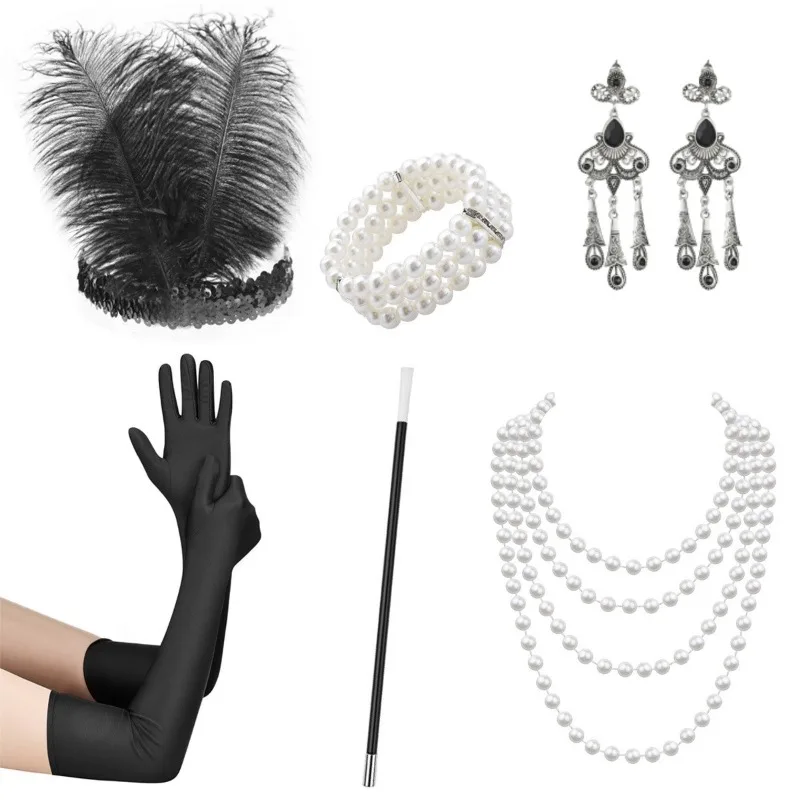 6pcs 1920 Gatsby Accessories Ball Party Christmas Halloween Set Hair Band Smoke Rod Gloves Earrings Necklace Bracelet