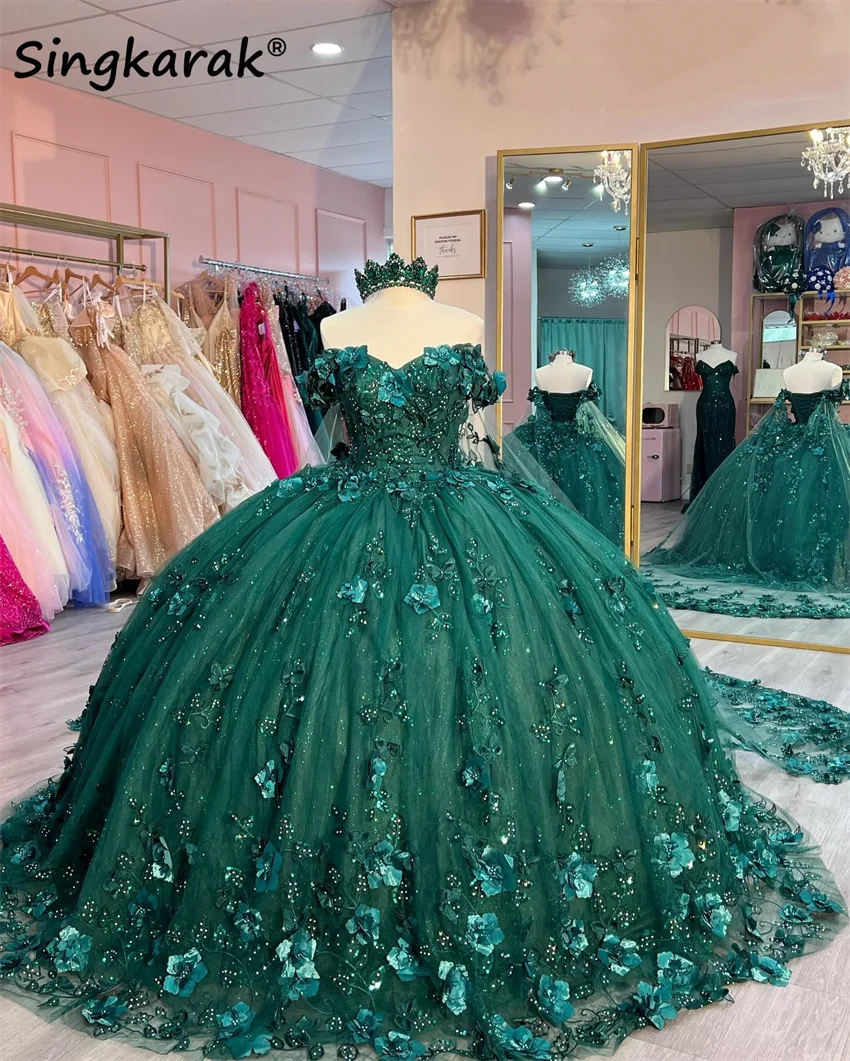 

3D Flowers Emerald Green Quinceanera Dresses With Cape Sweet 16 Dress Crystal Beads Appliques Pearls Party Gowns Ball Gown