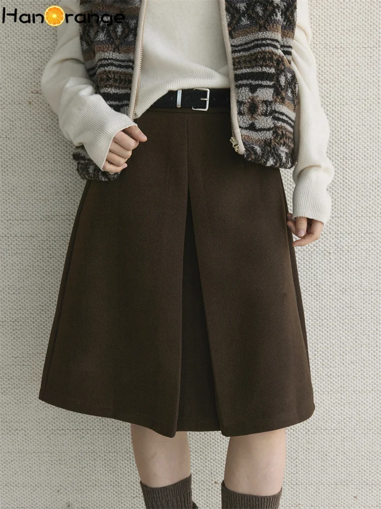 HanOrange 2026 Winter Retro Pleated with Belt Woolen A-line Skirt Temperament Fashion Skirt Dark Gray/Coffee