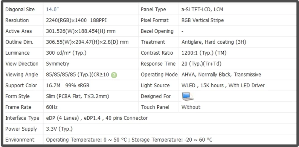 Imagem -02 - Ecrã Lcd Fino sem Toque Painel Ips Qhd 2240x1400 Edp 40 Pinos 60hz B140qan05h 14