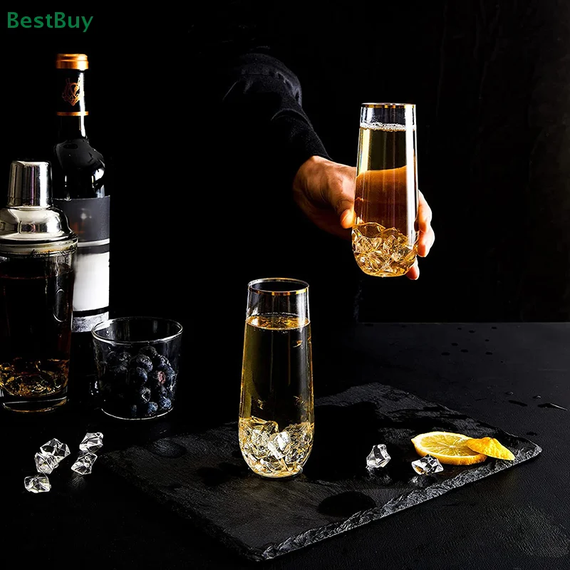 5PCS Gold Rimmed Champagne Cup Wine Glass Disposable Durable Party Wedding Festival Bar Wine Cup Bar Cocktail Drink Juice Cup