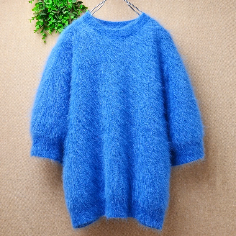 Ladies Women Spring Autumn Cute Hairy Angora Rabbit Hair Knitted Short Sleeves O-Neck Loose Pullover Mink Fur Sweater Jumper Top