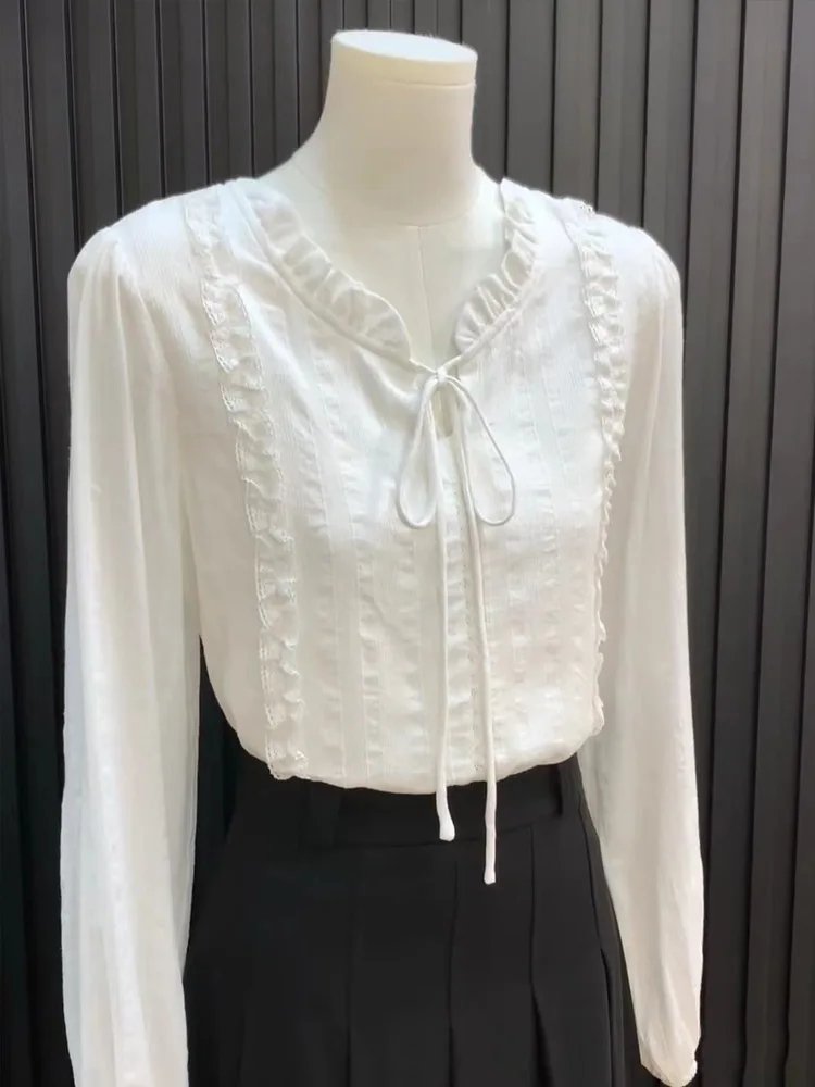

2025 Autumn New V-neck Long-sleeve White Shirt Women's French Lace Embroidered Shirt Blouse Bohemian Casual Beach Vacation Top