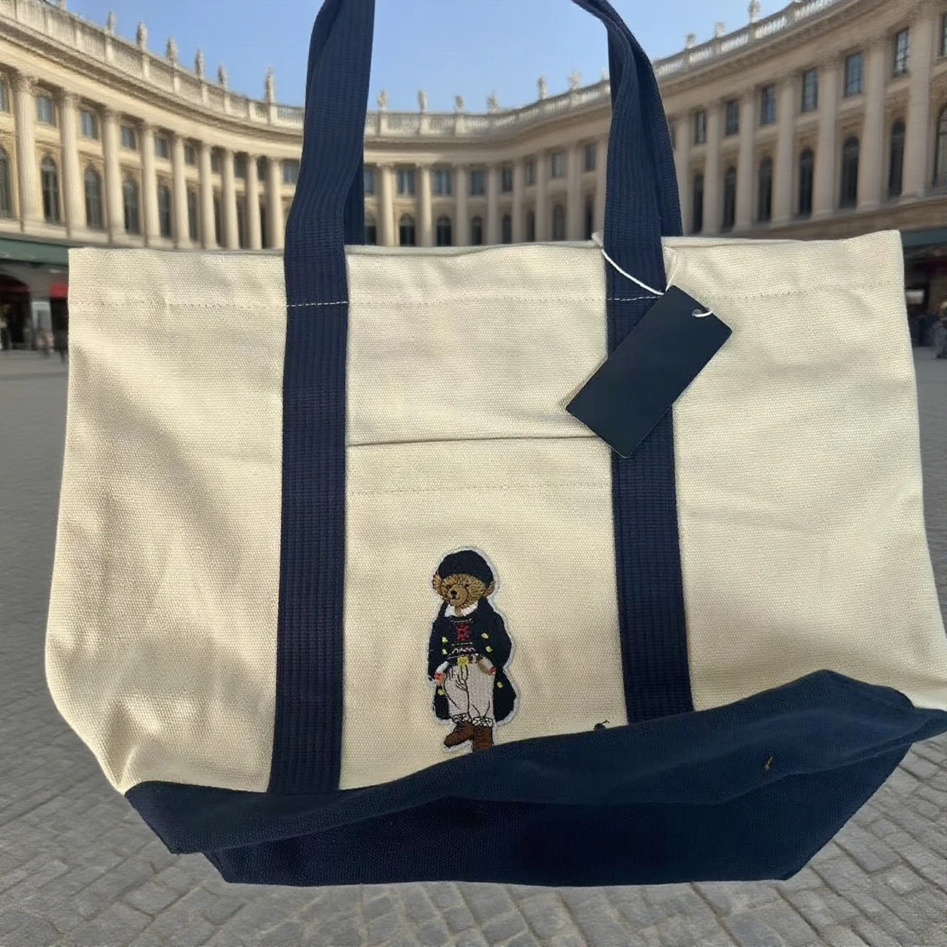 

Black Embroidered Bear Tote - Water-Resistant Twill Fabric with Polo Sport Stripe, Library Book Bag Commuter