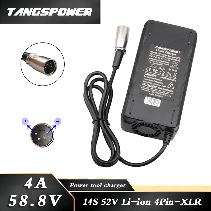 58.8V 4A Lithium Battery Charger For 52V 14Series Li-ion Battery Pack Fast Charging 4Pin-XLR Connector With Cooling Fan