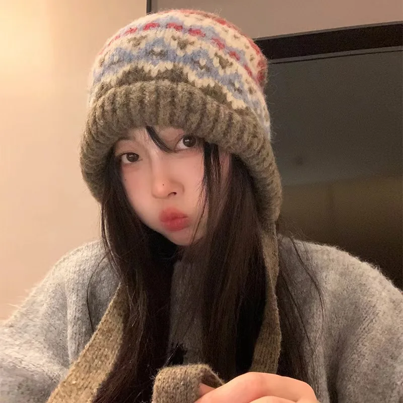 women Ethnic style striped spliced knitted woolen hat for autumn and winter thickened warm and cold resistant ear protection