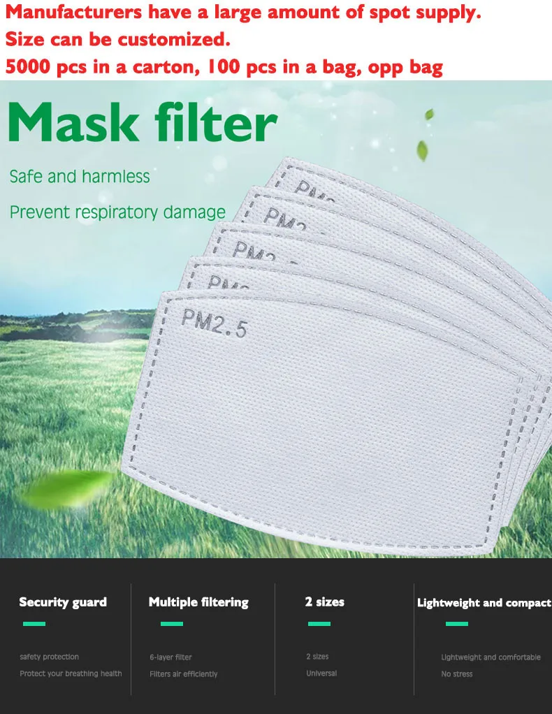 Pm2.5 Mask Filter Lightweight Compact Safety Protection Multiple Filtering Respirator Insert Pad Breathable 5 Layer Guard T1