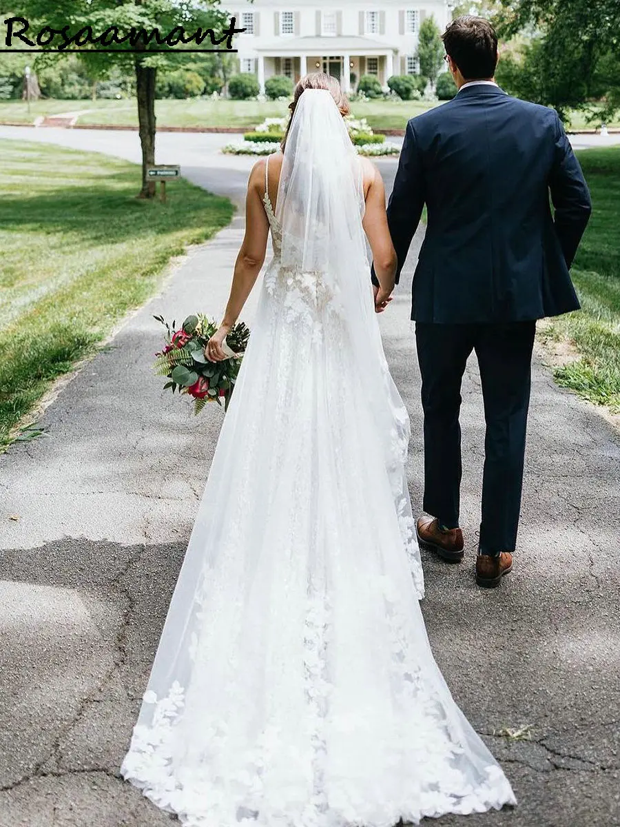 Vestidos De novia bohemios con apliques florales, línea A De encaje, tirantes finos, espalda abierta