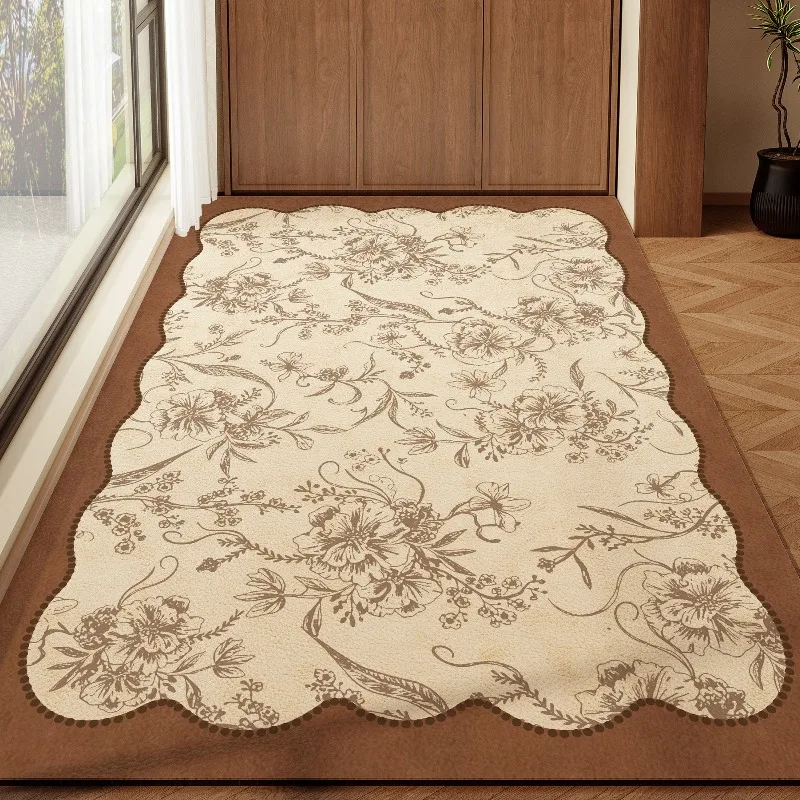 French Retro Floral Wavy Edge Rug Home Decor Kitchen Floor Mat PVC Leather Waterproof Foot Mats Anti-slip Stain Resistant Carpet