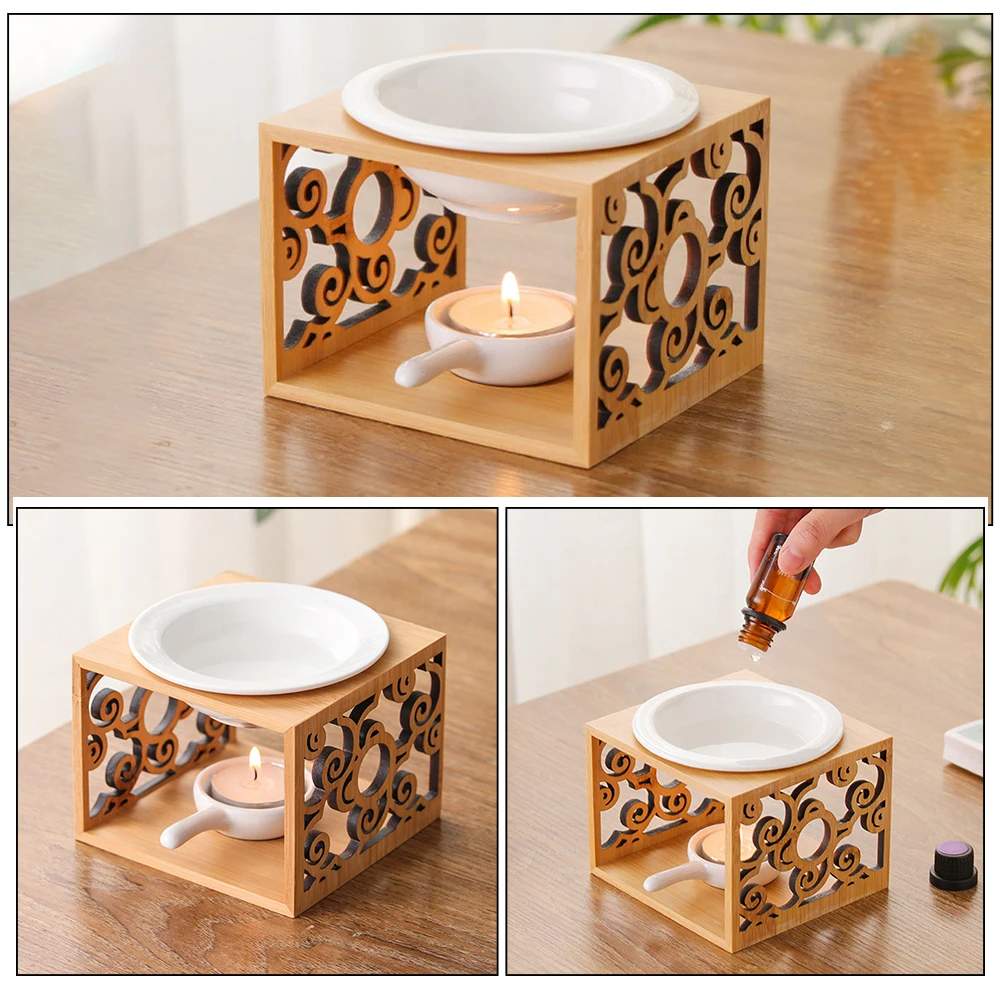 

Essential Oil Burner Reusable Ceramic Aroma Diffuser Tealight Wax Warmer Incense Scented Home Office Decor Bamboo Holder