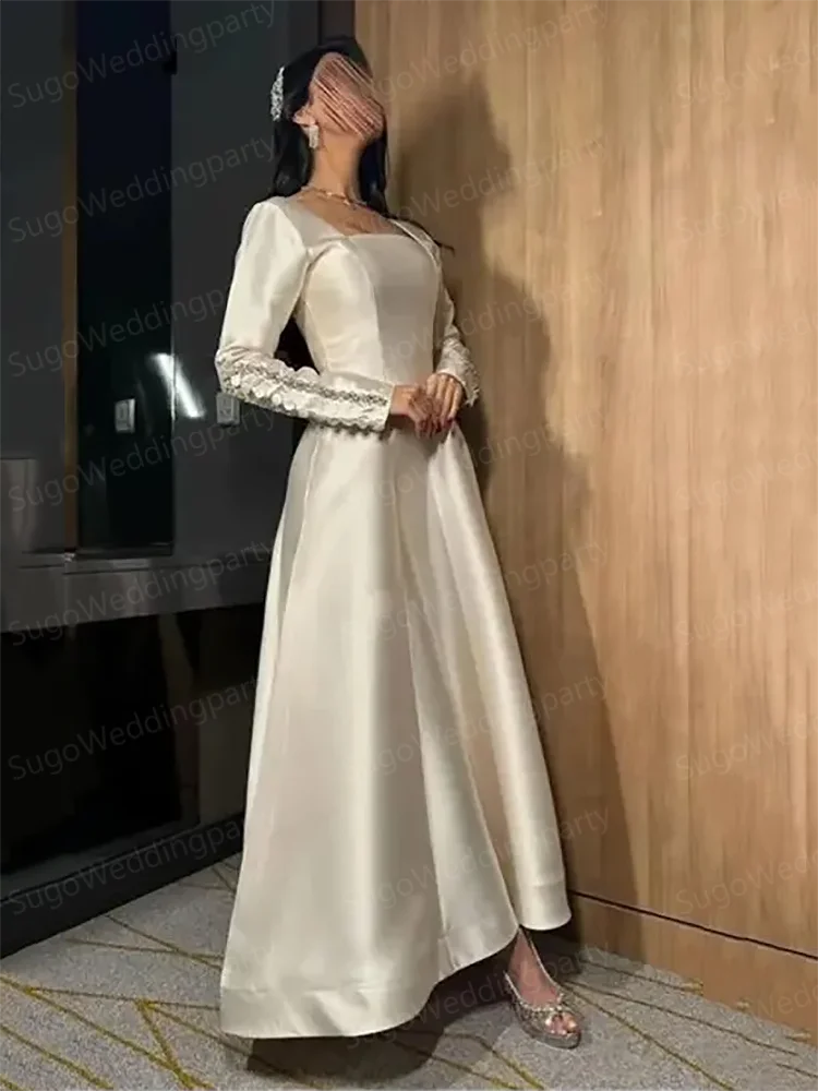 

M1401 Elegant Square-Neck Women Wedding Dresses Bridal Engagement Party Gowns Satin Evening Prom Gowns Beads Free Shipping
