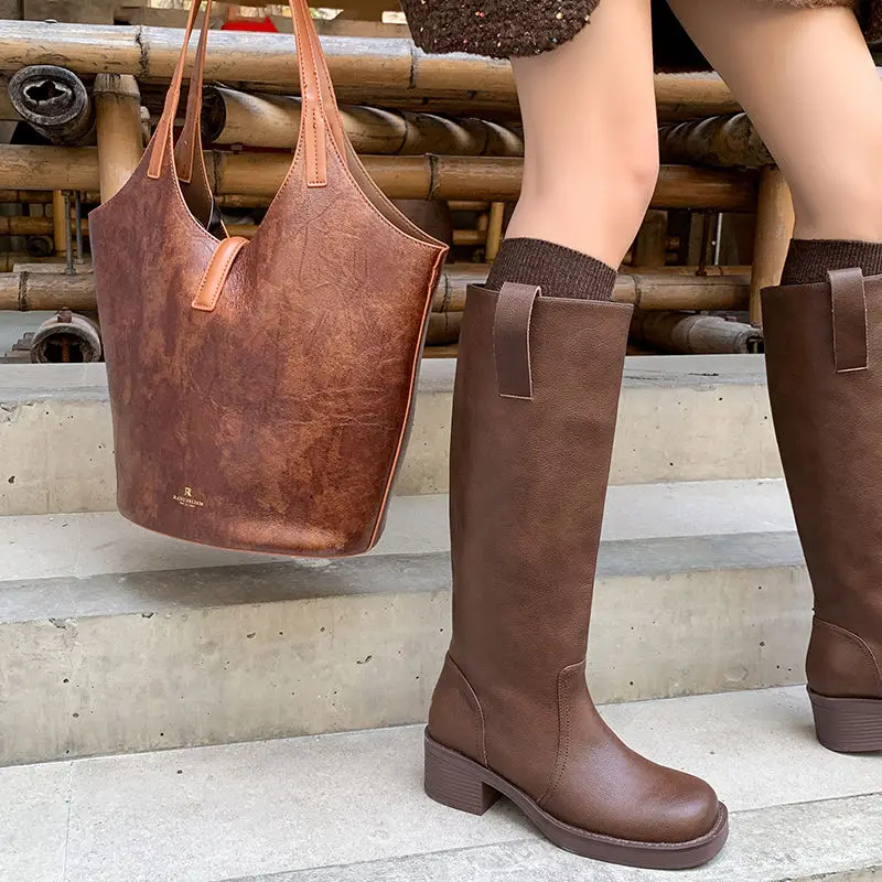 2024 INS Women Knee High Boots Genuine Leather High Boots Autumn Winter Warm Shoes Woman Snow Motorcycle Boots Ladies Shoes