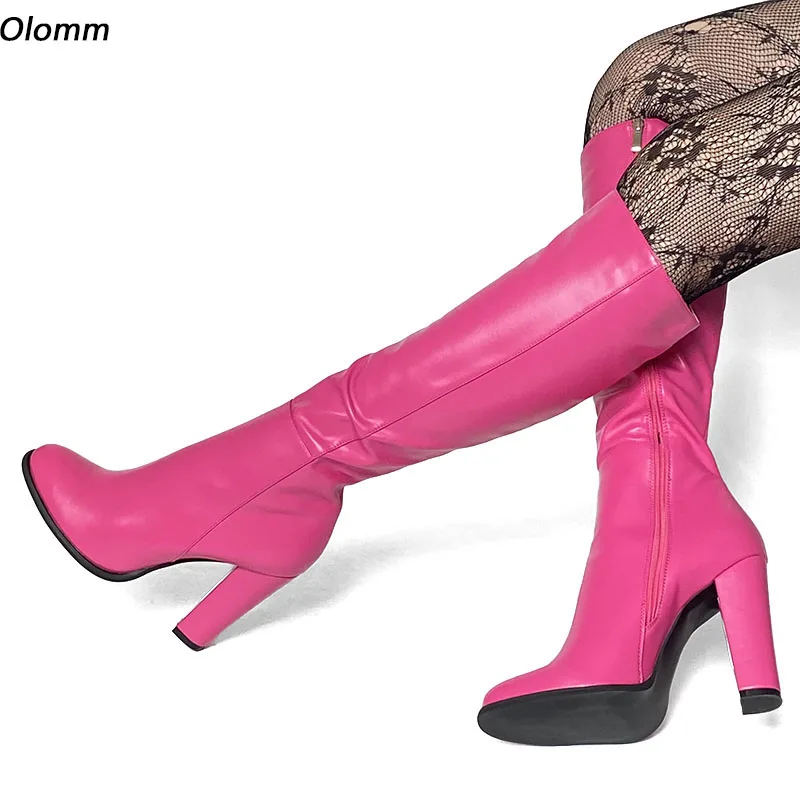 

Olomm Customize Color Women Winter Knee Boots Unisex Zipper Block Heels Round Toe Classic Nude Pink Casual Shoes US Size 5-20