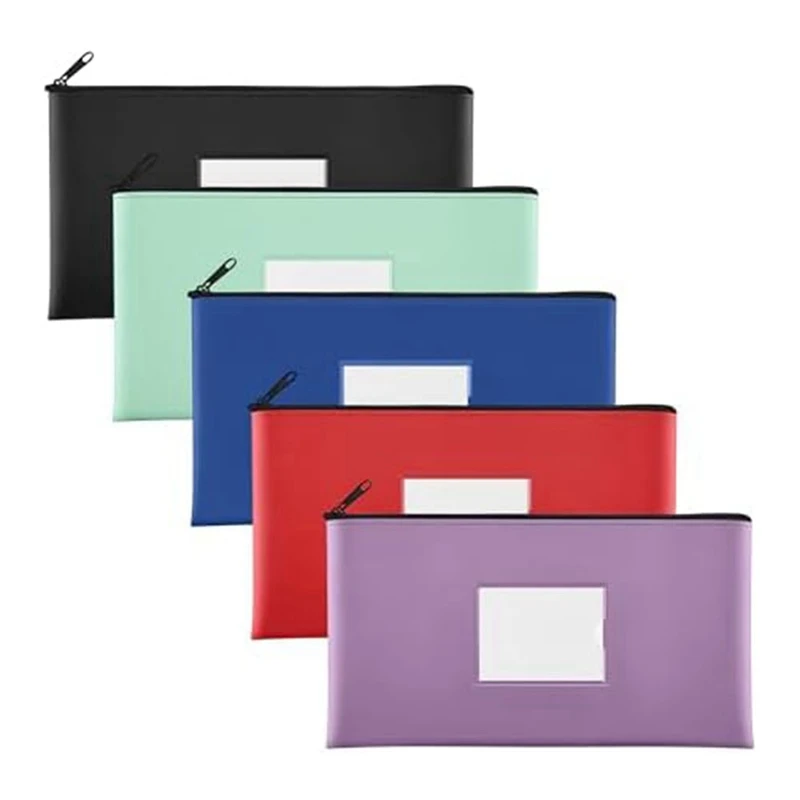 5-Pack Bank Deposit Money Bags With Zipper, PU Bags Cash Wallet Pouches With Label, For Coins, Cosmetics,Invoice,Bills