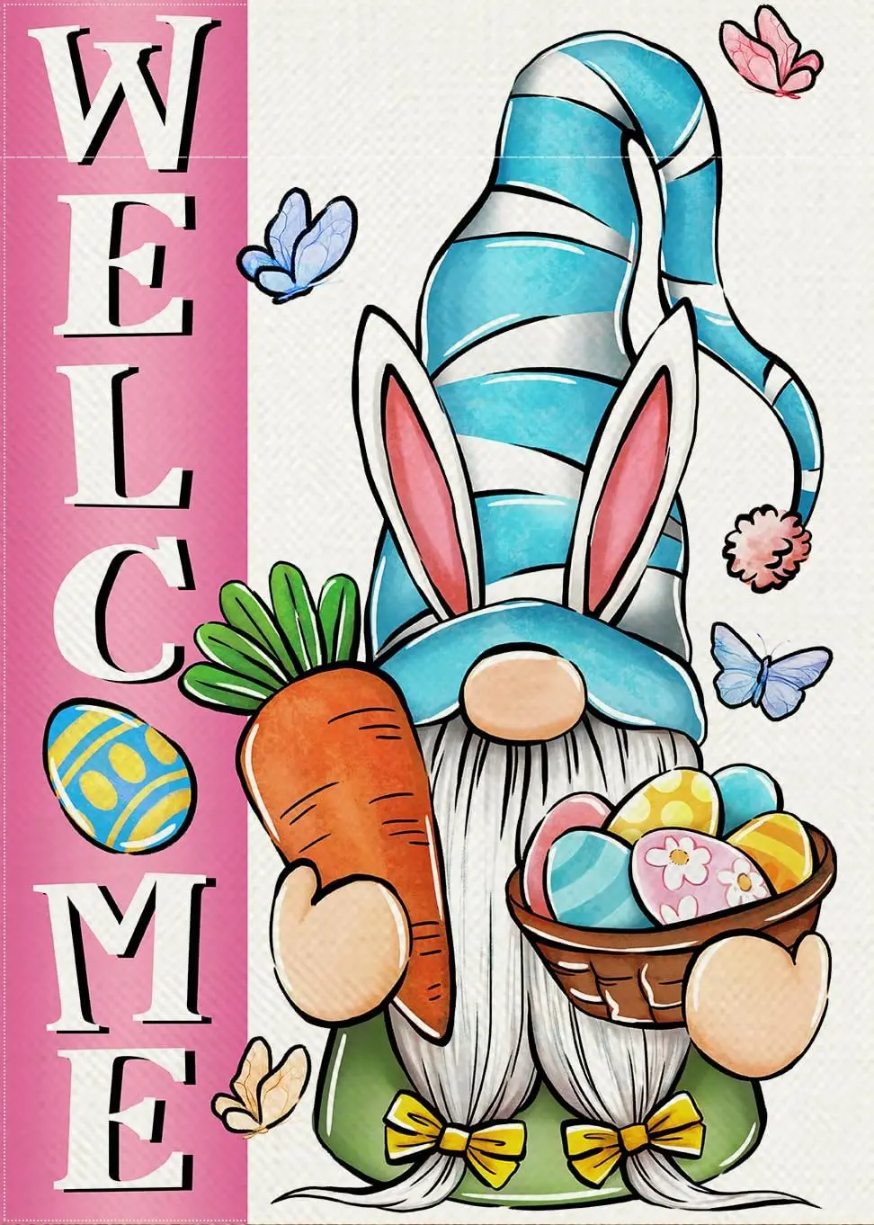 Welcome Easter Bunny Gnome Decorative Garden Flag, Rabbit Ears Eggs Carrot Butterfly Pink Blue Yard Outside Decorations, Out llz