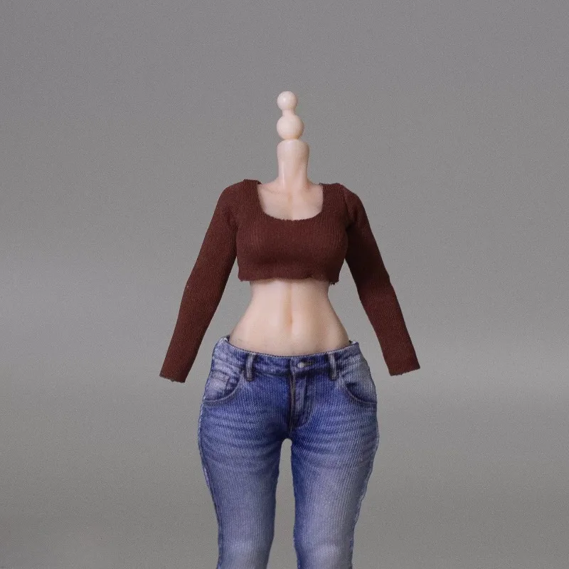 1/12 Maßstab, Damen-T-Shirt mit U-Ausschnitt und langen Ärmeln, bedruckte Jeans, Kleidung und Accessoires für 6-Zoll-Actionfiguren, Romankey Figma SHF Modell. – Detail 4