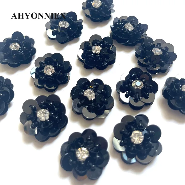AHYONNIEX 10 sztuk/partia czarny kolor cekiny kwiaty koraliki naszywki naszywane na aplikacjach ubrania DIY kolczyki buty torby materiały