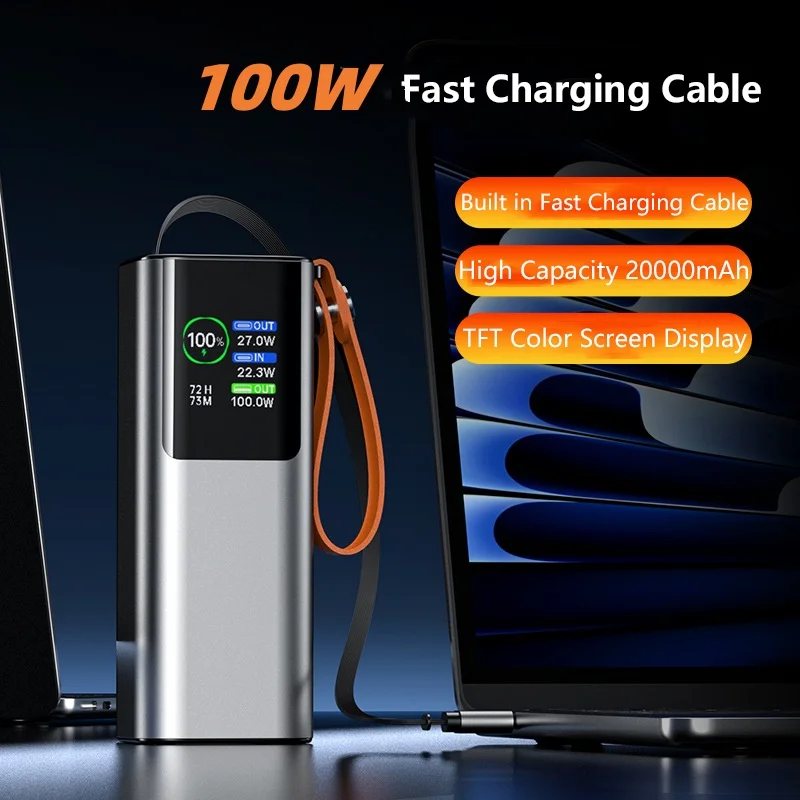 

20000mAh Power Bank with 70CM USB C Retractable Cable 100W Super Fast Charging for iPhone 16 Laptop Samsung TFT Screen Powerbank