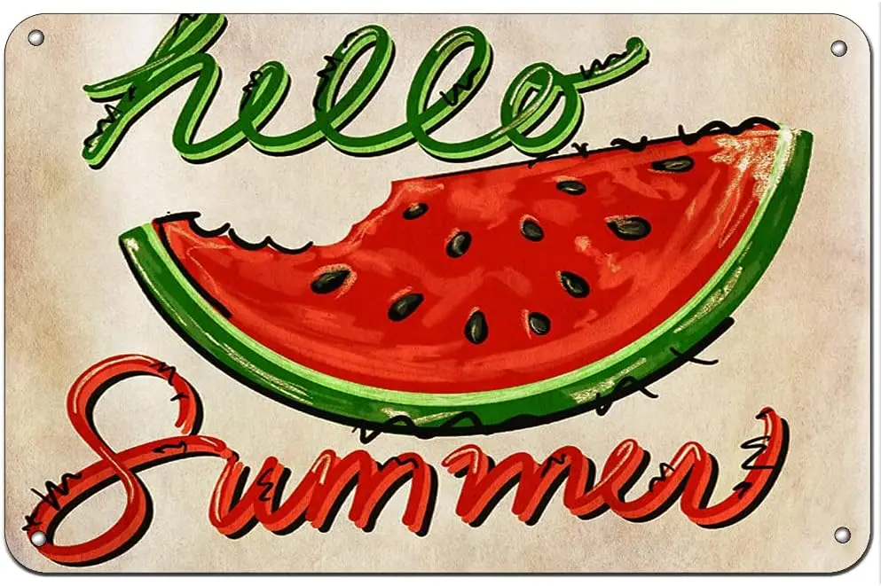 Vintage Tin Sign Vintage Hello Summer Watermelon Kitchen Decor Summer Decor Funny Wall Decor for Home Cafes Office Store Pubs Cl