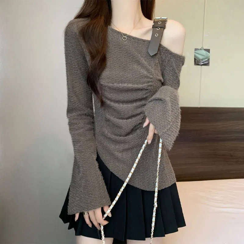 

Hotsweet Skew Collar Pullovers Female Clothing Solid Color Basic Spring Autumn Stylish Folds Off Shoulder Casual Slim T-shirt