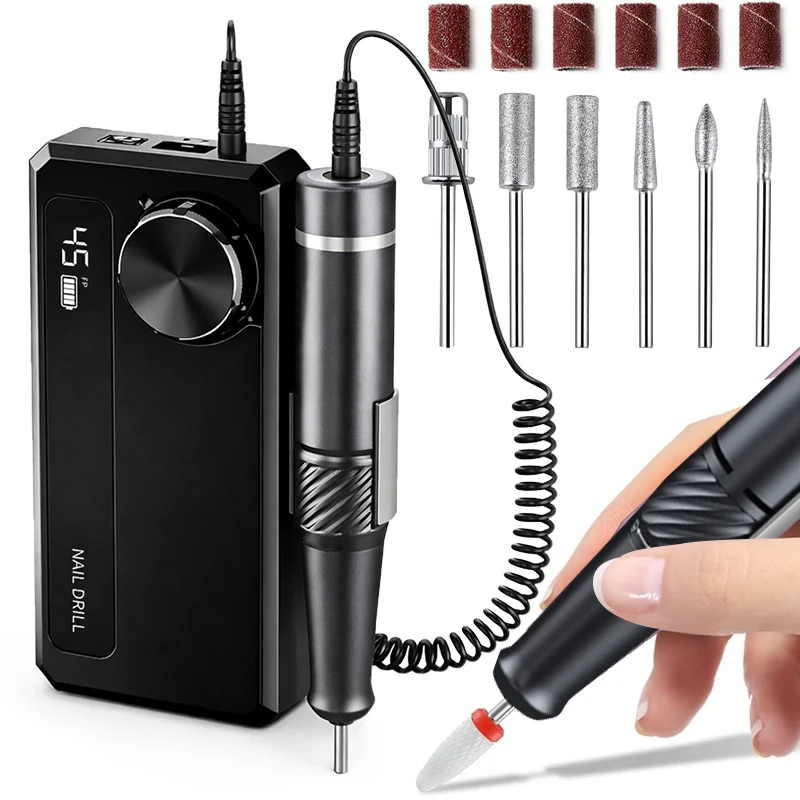 مثقاب أظافر كهربائي محمول احترافي 45000 دورة في الدقيقة، مثقاب أظافر منخفض الضوضاء، أدوات تلميع الأظافر، ماكينة أظافر
