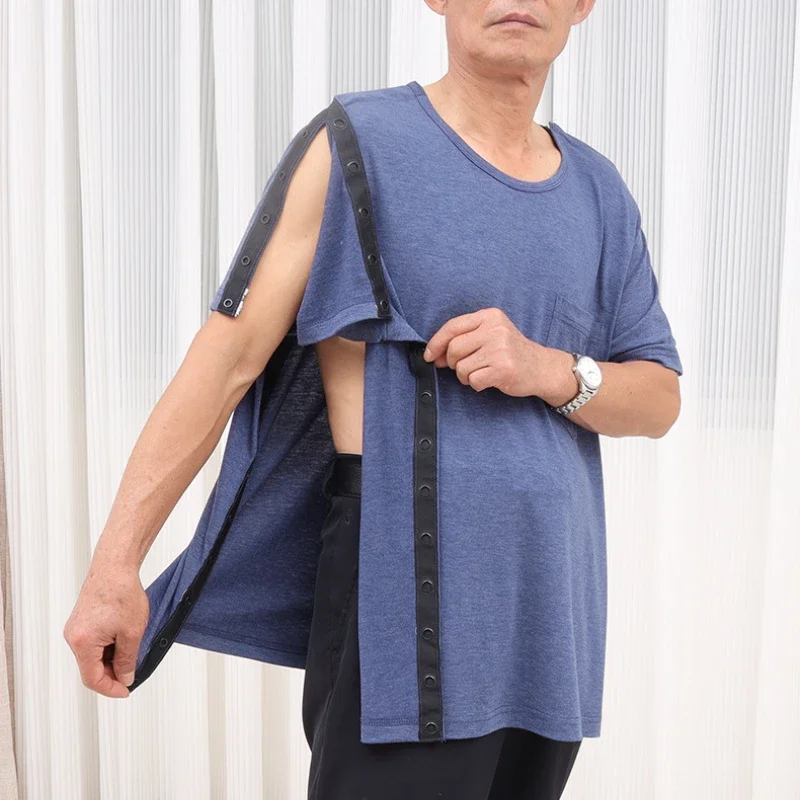 Easy Wear Take Off Button Style Patient T-shirt Postoperative Acupuncture PICC Bedridden Elderly Care Clothing for Arm Fractures