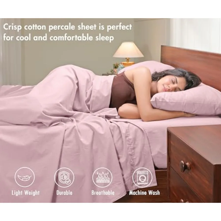 100% Cotton Percale Sheets Crisp Cooling Summer Bed Sheets for Hot Sleepers, Deep Pocket 14