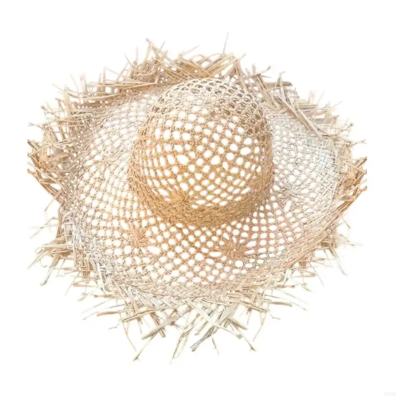 

B95F Raffia Hat With Openwork Detailing Wide Brims Fashion Hair Accessory for Women