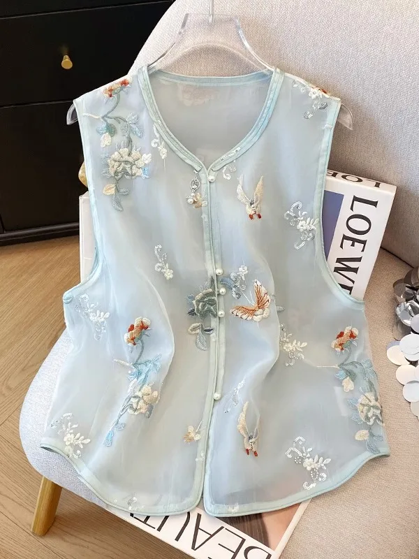 

New Chinese Sle Embroidery Women's Vest Outerwear Summer High-End Sensation National Sle Beaded Euro Organ Silk...