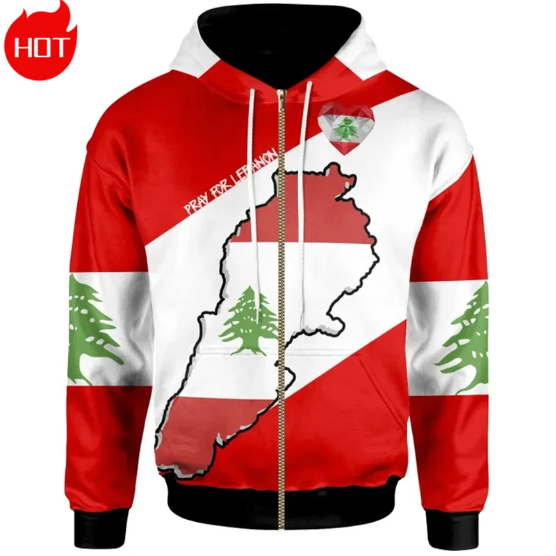 

Lebanon Ethnic Emblem 3D Printed Zip Up Hoodies The Republic-of Lebanon Flag Map Graphic Hooded Sweatshirts Vintage Zip Pullover