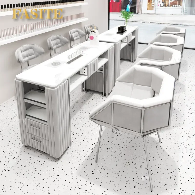 For Manicure Table and Chair Set Stainless Steel Nail Desk with Inner Vacuum Cleaner Socket Cream Wind Function for Beauty