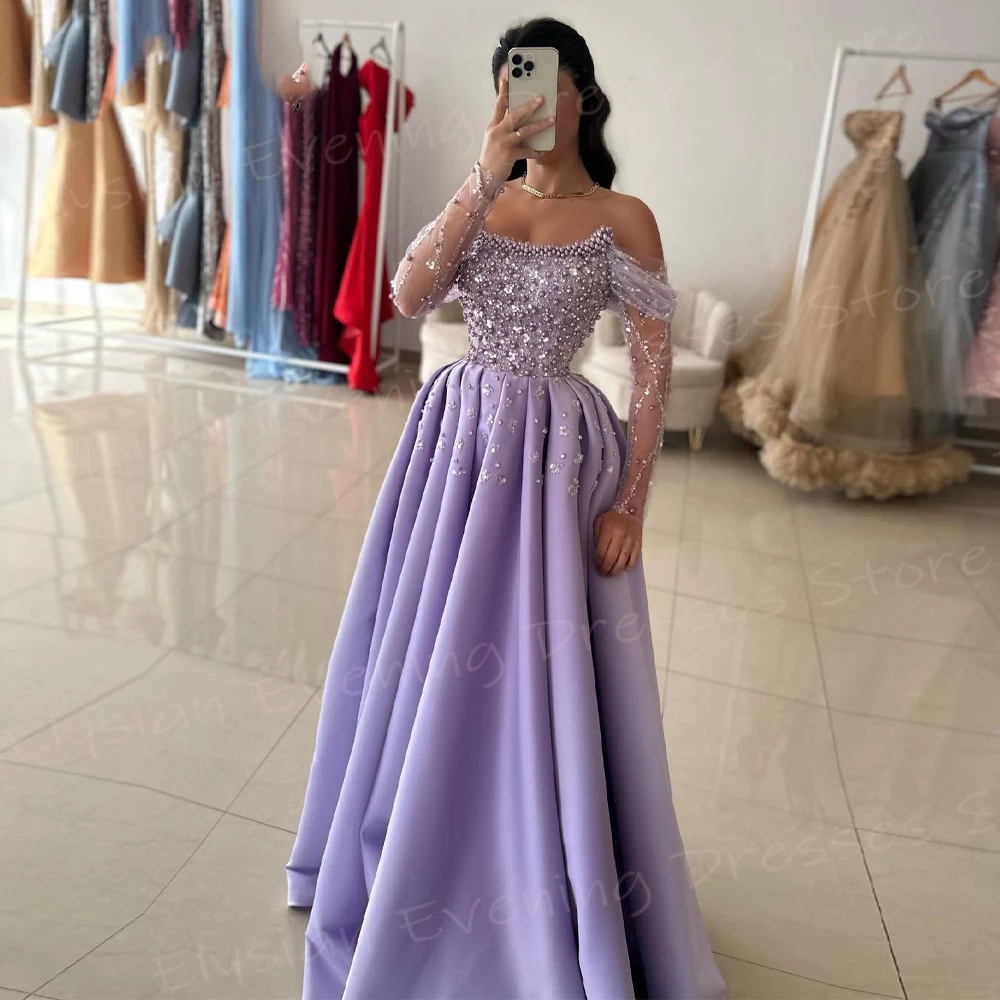 

Luxurious Popular Purple A Line Women's Evening Dresses Classic Off The Shoulder Long Sleeve Prom Gowns Beaded Vestido De Noche