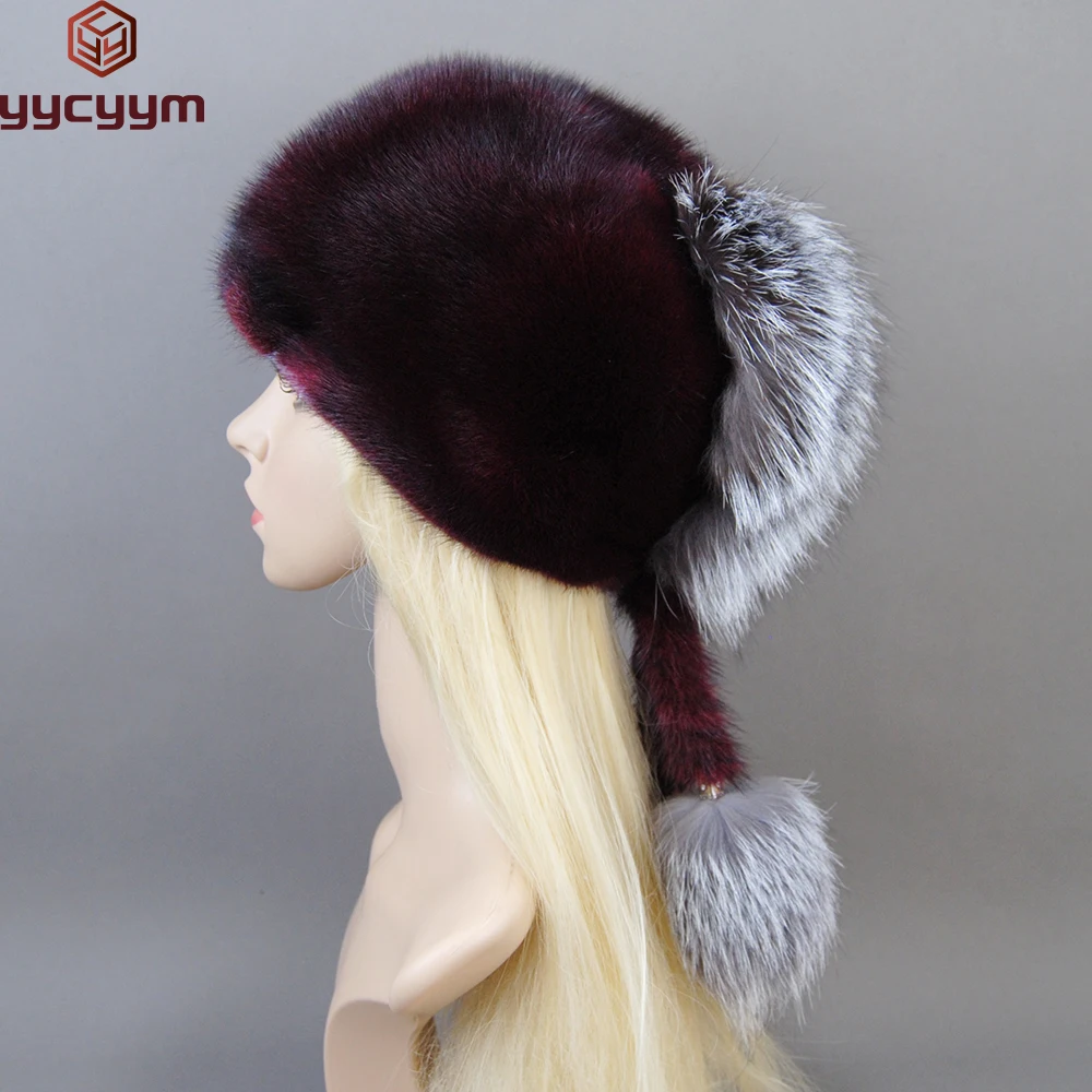 Women Winter Real Mink Fur Hats Russian Female Fur Hat With Ears Knit Beanie With Pom Poms Newsboy Caps Ladies High Elastic Hat