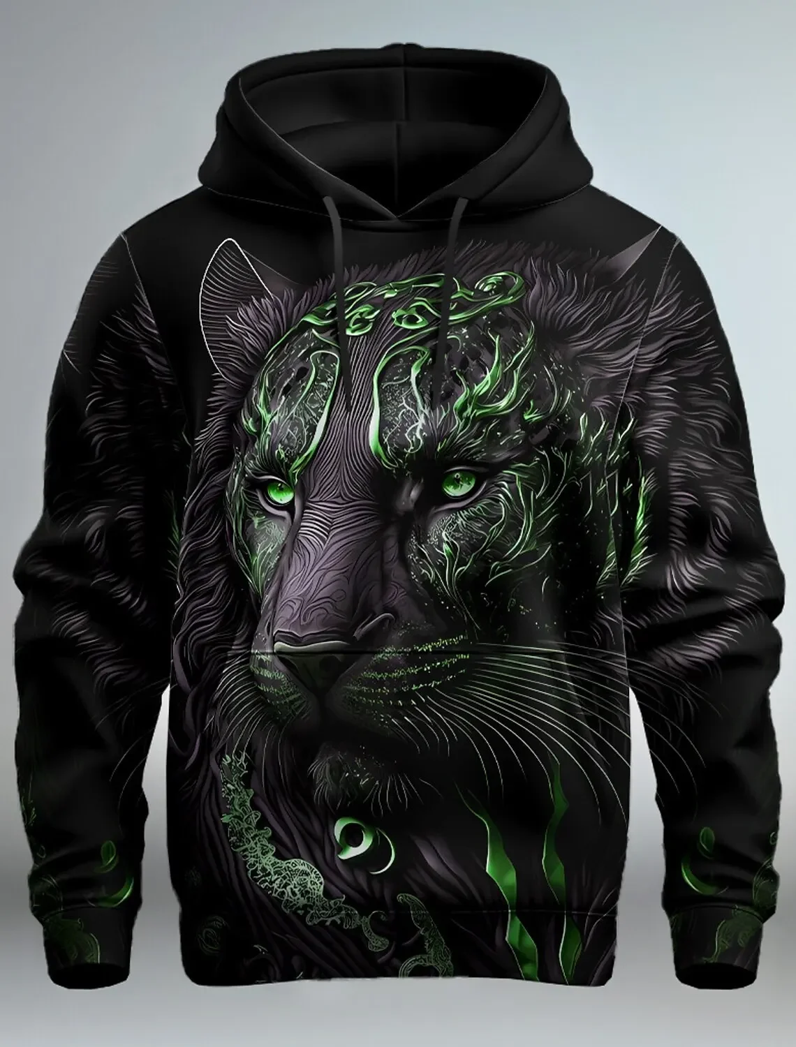 سويت شيرت بقلنسوة بطباعة ثلاثية الأبعاد للرجال من Lion Graphic بأكمام طويلة وقلنسوة وجيب أمامي وقلنسوة للربيع