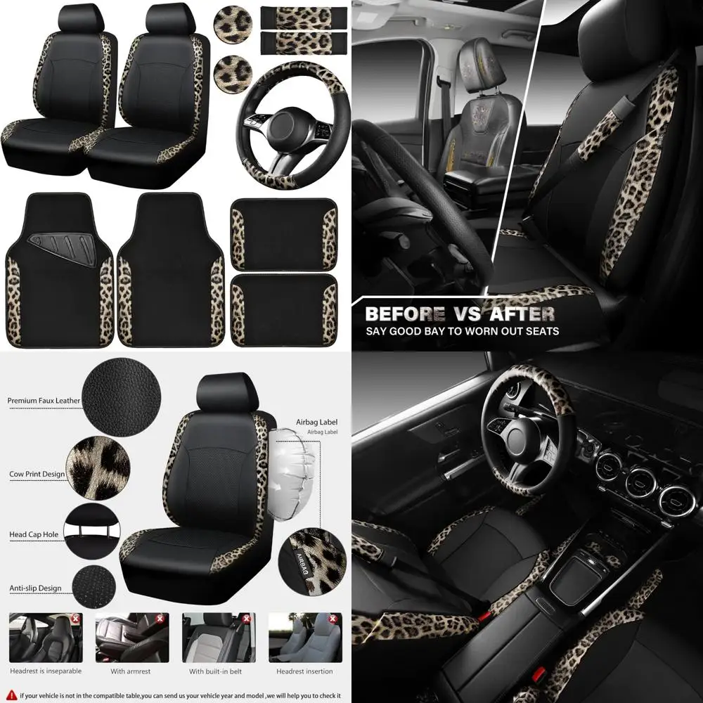 

CAR PASS Leopard Print Faux Leather Car Seat Covers & Leopard Car Mats&Leopard Steering Wheel Cover Seat Belt Universal Car Acce