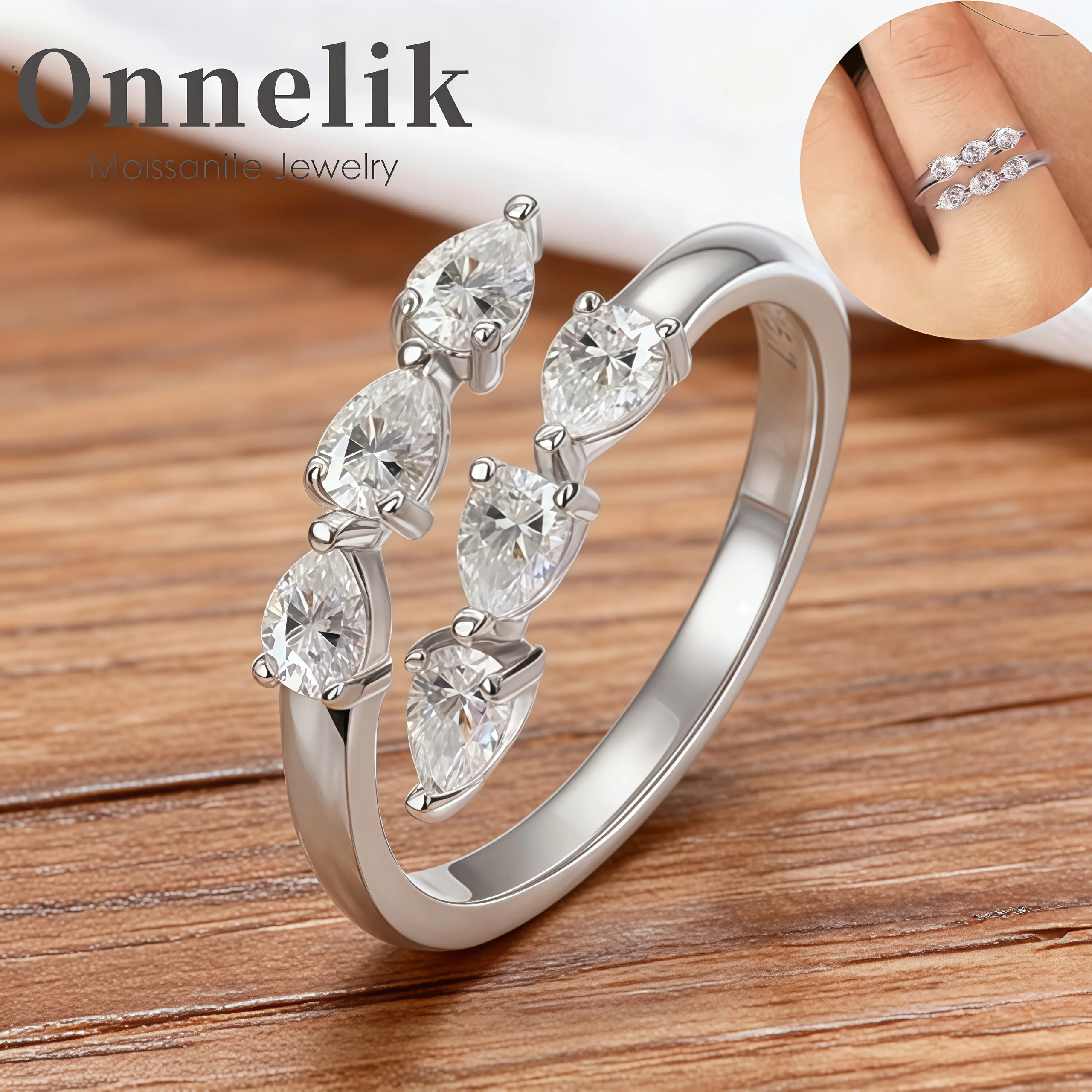 

Onnelik 925 Sterling Silver 3*4mm Open Moissanite Ring Adjustable Size 3-7 Popular Minimalist Stacking Jewelry for Women Elegant