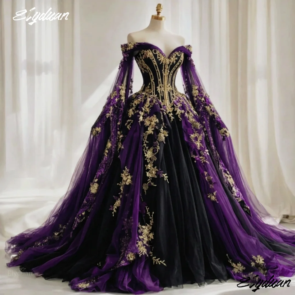 Black And Burgundy Gothic Wedding Dress With Flare Sleeves Off Shoulder Ball Gown Luxury Bridal Gowns Gold Lace Customized