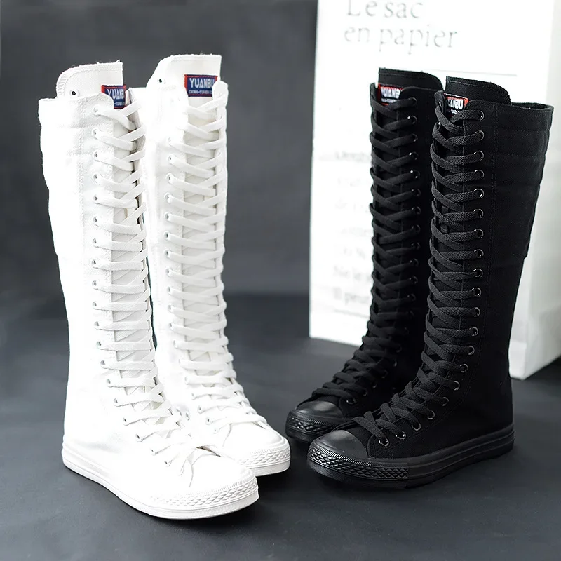 Tenis Feminino New Spring Autumn Women Shoe Canvas Casual High Top Shoes Long Boot Lace-Up Zipper Comfortable Flat Boot Sneakers